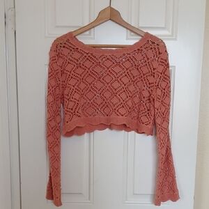 Rebellion Openwork Crochet Crop Top With Flair Sleves - Rose